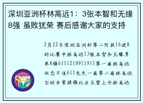 深圳亚洲杯林高远1：3张本智和无缘8强 虽败犹荣 赛后感谢大家的支持